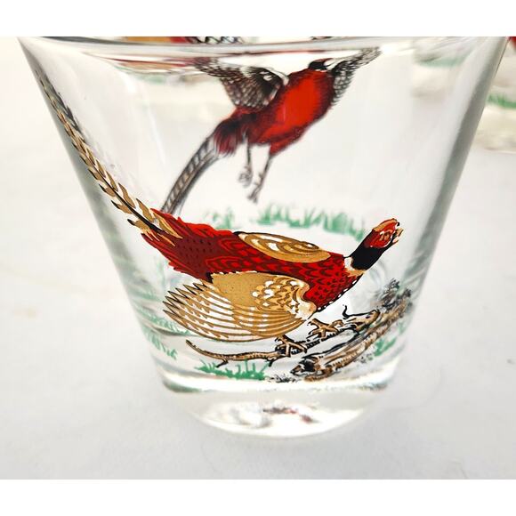GLASSES/OLD FASHION/Vintage Pheasant-MCM-Hunting Barware-Red Gold-Set of 4 - Picture 10 of 14